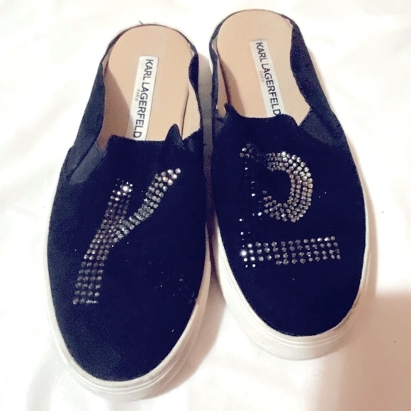 Karl Lagerfeld Black Rhinestone Slip On Slides Shoes - Picture 4 of 5